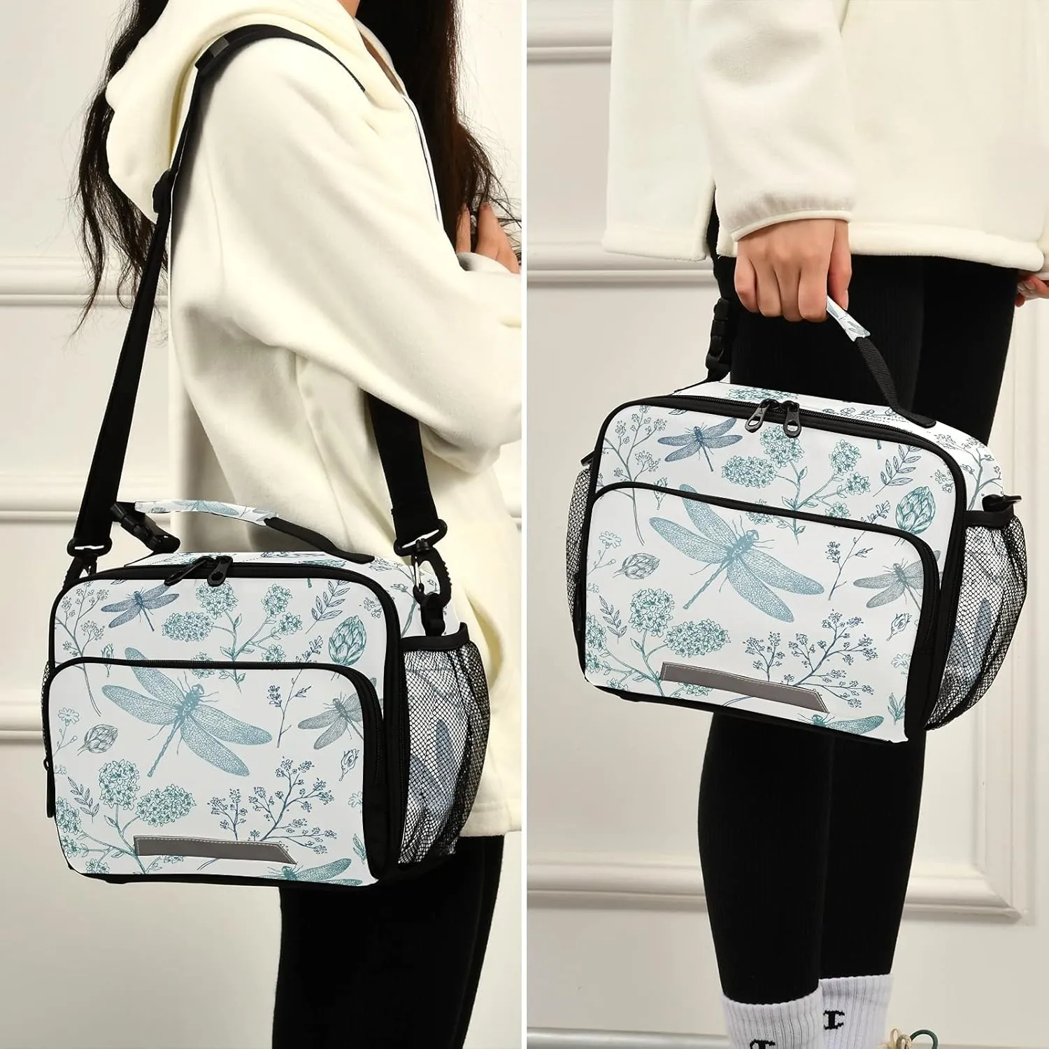 Retro Dragonfly Print Insulated Lunch Bag with Detachable Shoulder Strap & Carry Handle, Eco-friendly Cooler Bag Tote Bag,School Lunch Box for Teens,Men,Women