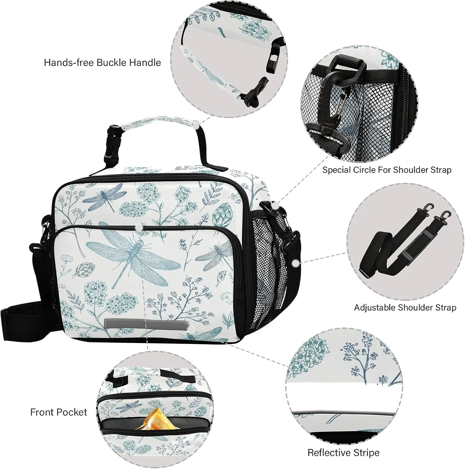 Retro Dragonfly Print Insulated Lunch Bag with Detachable Shoulder Strap & Carry Handle, Eco-friendly Cooler Bag Tote Bag,School Lunch Box for Teens,Men,Women