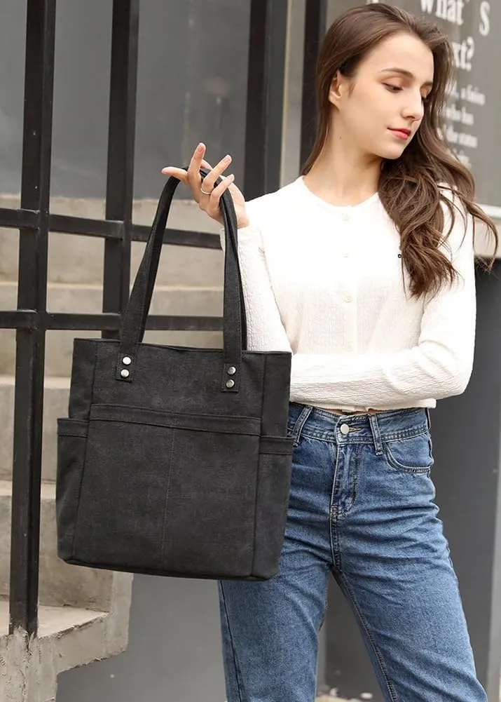 Retro Tote Bags for Women Large Canvas Shoulder Purse Casual Work Handbags Multi Pocket Top Handle Satchel
