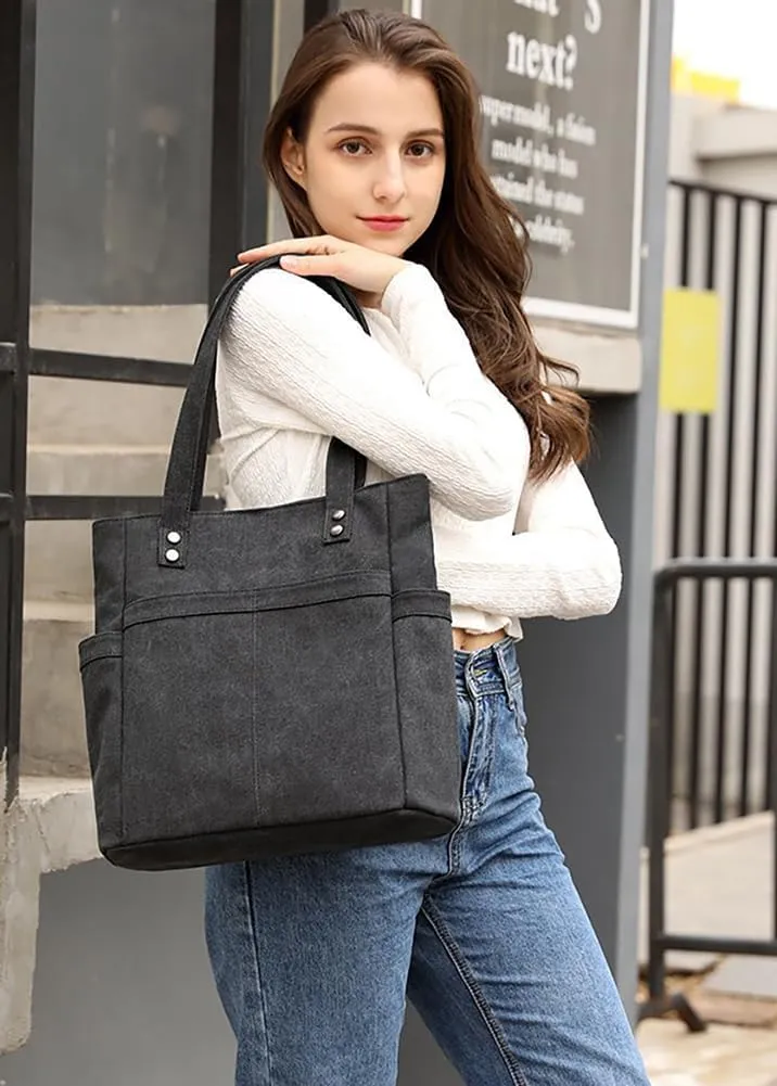 Retro Tote Bags for Women Large Canvas Shoulder Purse Casual Work Handbags Multi Pocket Top Handle Satchel
