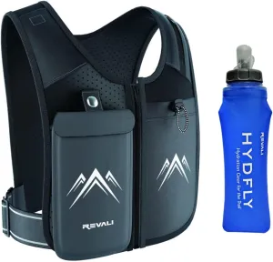REVALI Zip Reflective Running Vests with Hydration Bottle, Adjustable Waistband & Breathable Material, Chest Pack Gear Phone Holder for Men & Women