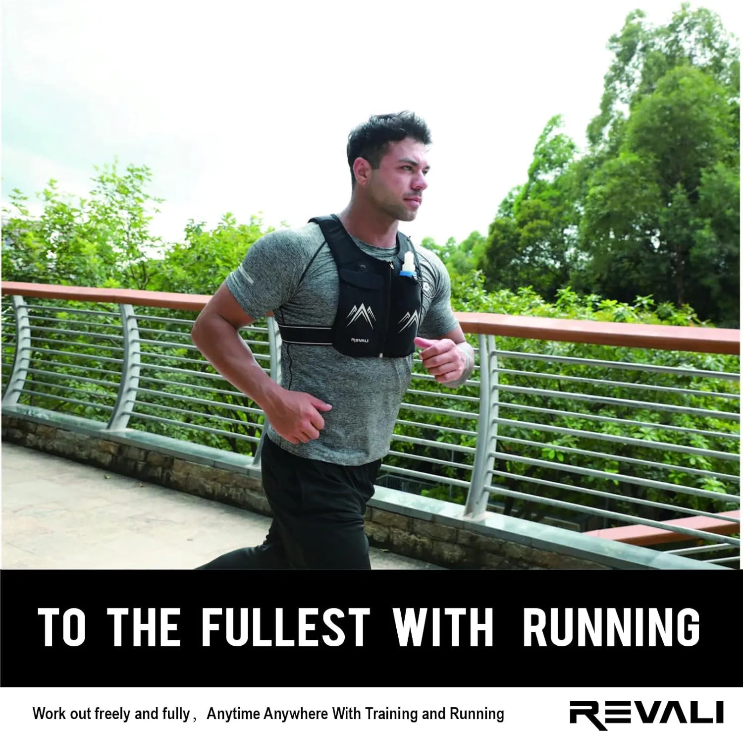 REVALI Zip Reflective Running Vests with Hydration Bottle, Adjustable Waistband & Breathable Material, Chest Pack Gear Phone Holder for Men & Women