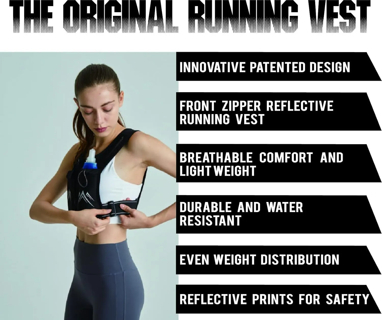 REVALI Zip Reflective Running Vests with Hydration Bottle, Adjustable Waistband & Breathable Material, Chest Pack Gear Phone Holder for Men & Women