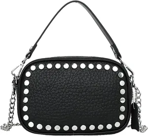 Rivet Studded Design Real Genuine Leather Crossbody Handbag For Women Top-Handle Purses with Silver Chain Strap