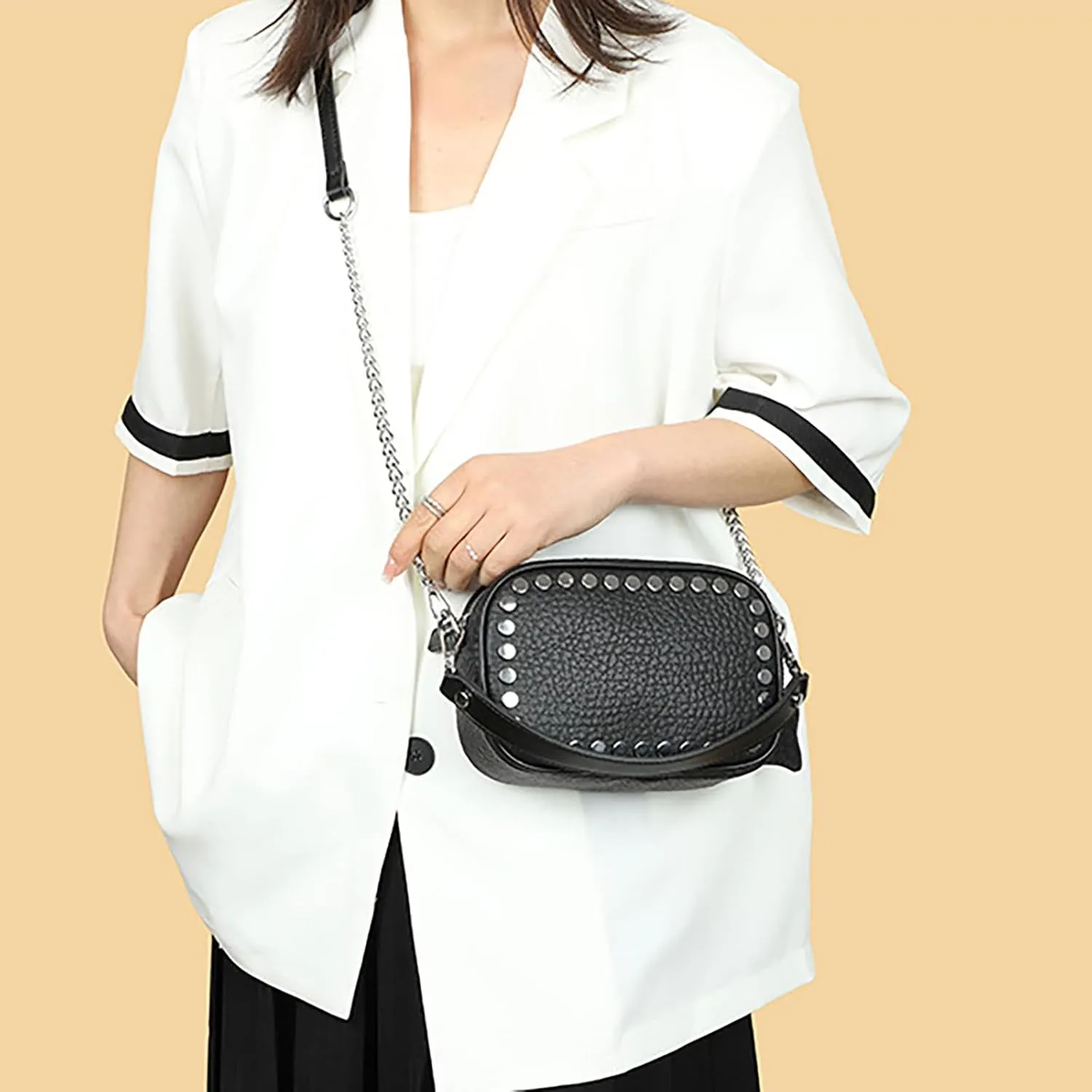 Rivet Studded Design Real Genuine Leather Crossbody Handbag For Women Top-Handle Purses with Silver Chain Strap