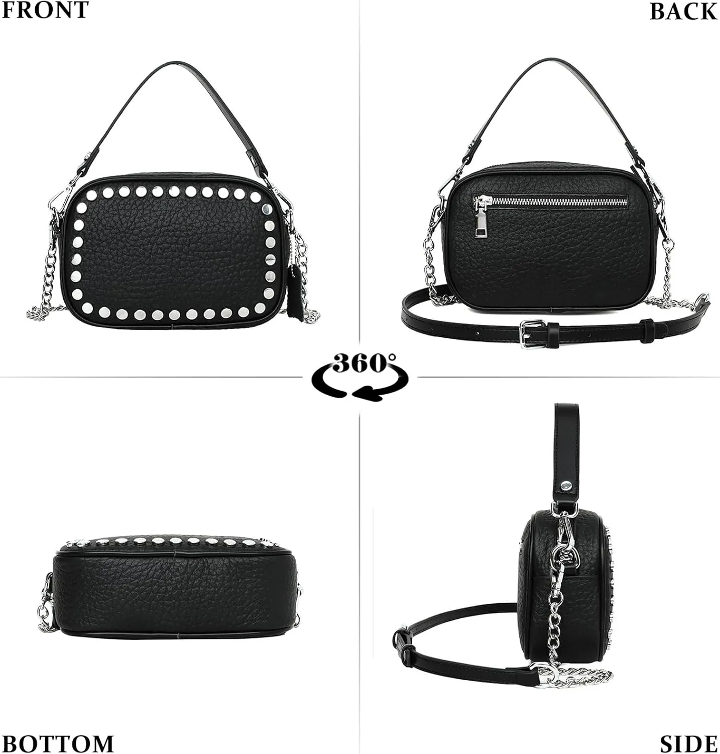 Rivet Studded Design Real Genuine Leather Crossbody Handbag For Women Top-Handle Purses with Silver Chain Strap