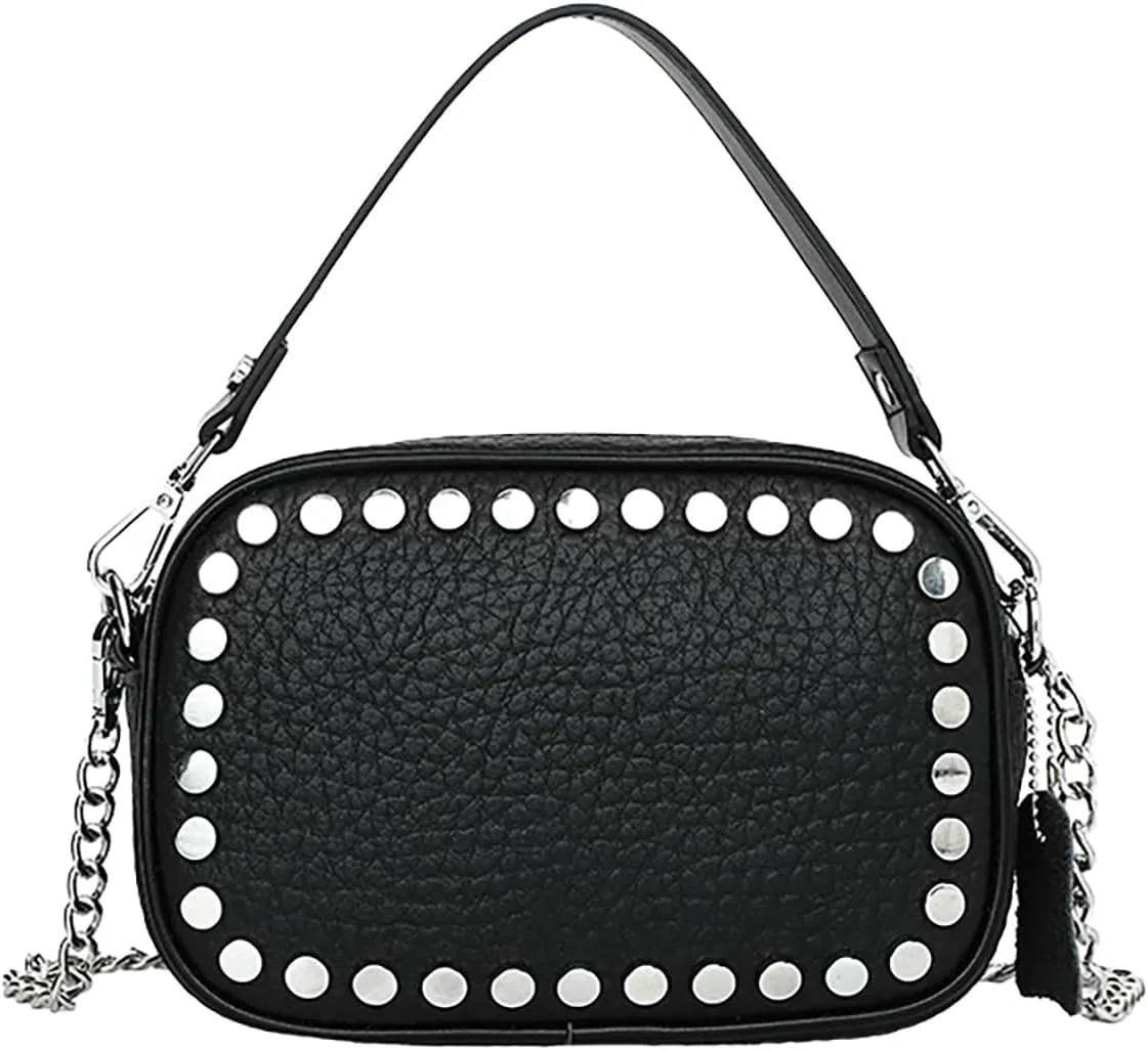 Rivet Studded Design Real Genuine Leather Crossbody Handbag For Women Top-Handle Purses with Silver Chain Strap