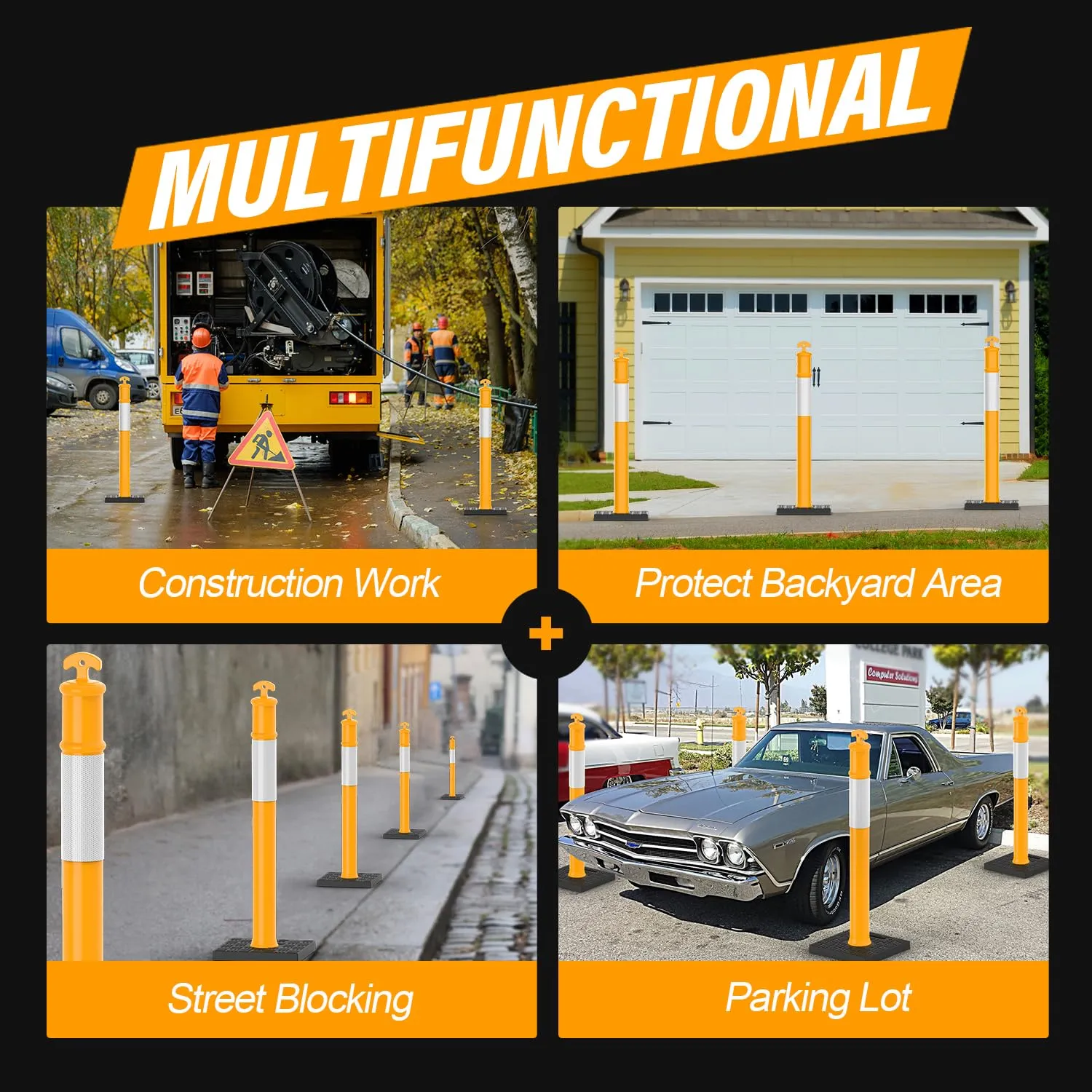 RoadHero 45 Inch Delineator Post with Rubber Base, Heavy Duty Yellow Traffic Delineator Posts Cones with Reflective Collars for Parking Lots, Road Safety, Construction Events 3 Pack