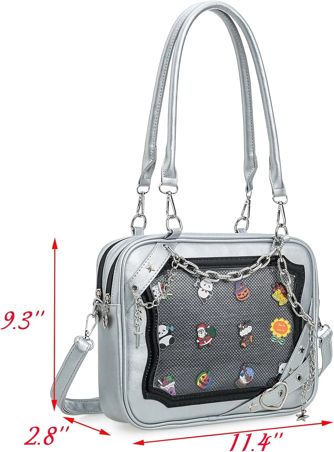 Rock Metal Cross Heart Ita Bag Crossbody Shoulder Bags Kawaii Cute Clear Window Pin Insert with a Removeable Strap