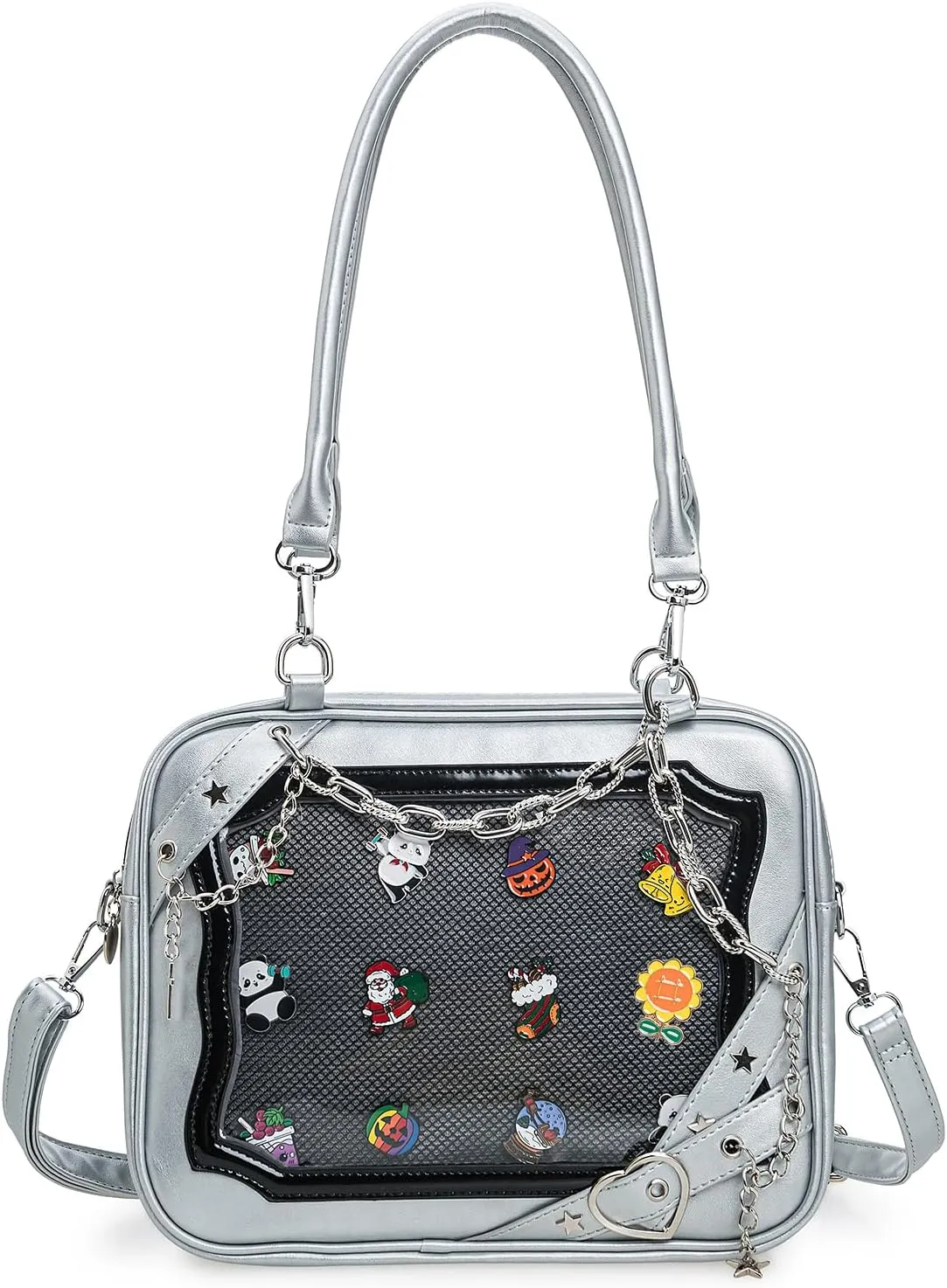 Rock Metal Cross Heart Ita Bag Crossbody Shoulder Bags Kawaii Cute Clear Window Pin Insert with a Removeable Strap