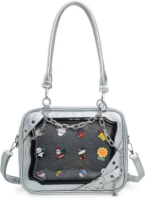 Rock Metal Cross Heart Ita Bag Crossbody Shoulder Bags Kawaii Cute Clear Window Pin Insert with a Removeable Strap