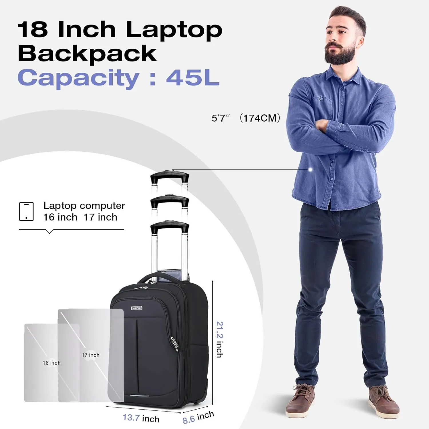 Rolling Backpack for Adults,18 Inch Waterproof Carry-on Backpack with Wheels, Wheeled Backpack Carry-on Luggage, Travel Backpack for Men Women， Trolley Laptop Backpack, Black Large