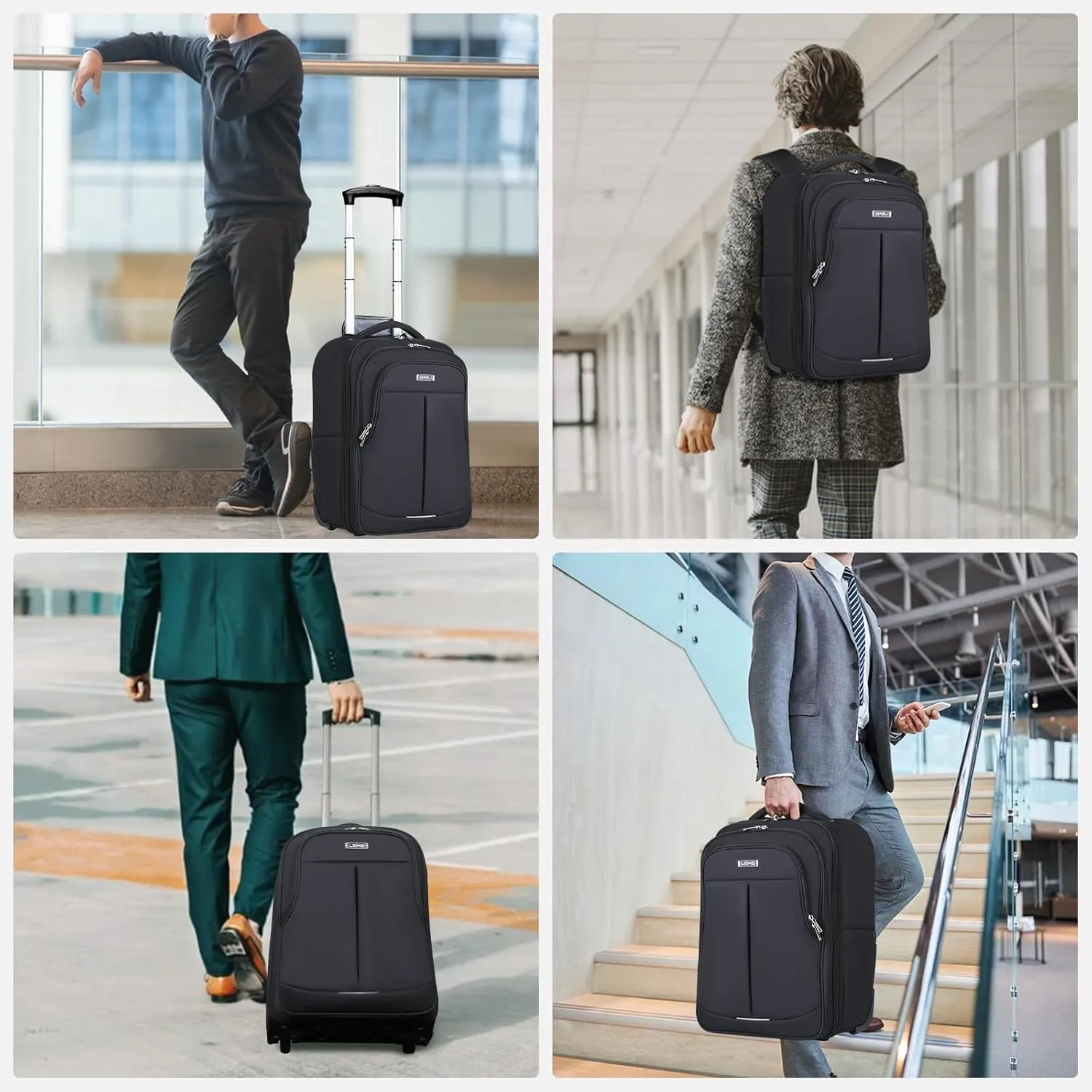 Rolling Backpack for Adults,18 Inch Waterproof Carry-on Backpack with Wheels, Wheeled Backpack Carry-on Luggage, Travel Backpack for Men Women， Trolley Laptop Backpack, Black Large