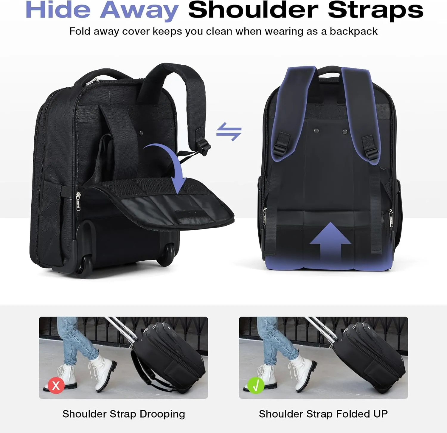 Rolling Backpack for Adults,18 Inch Waterproof Carry-on Backpack with Wheels, Wheeled Backpack Carry-on Luggage, Travel Backpack for Men Women， Trolley Laptop Backpack, Black Large