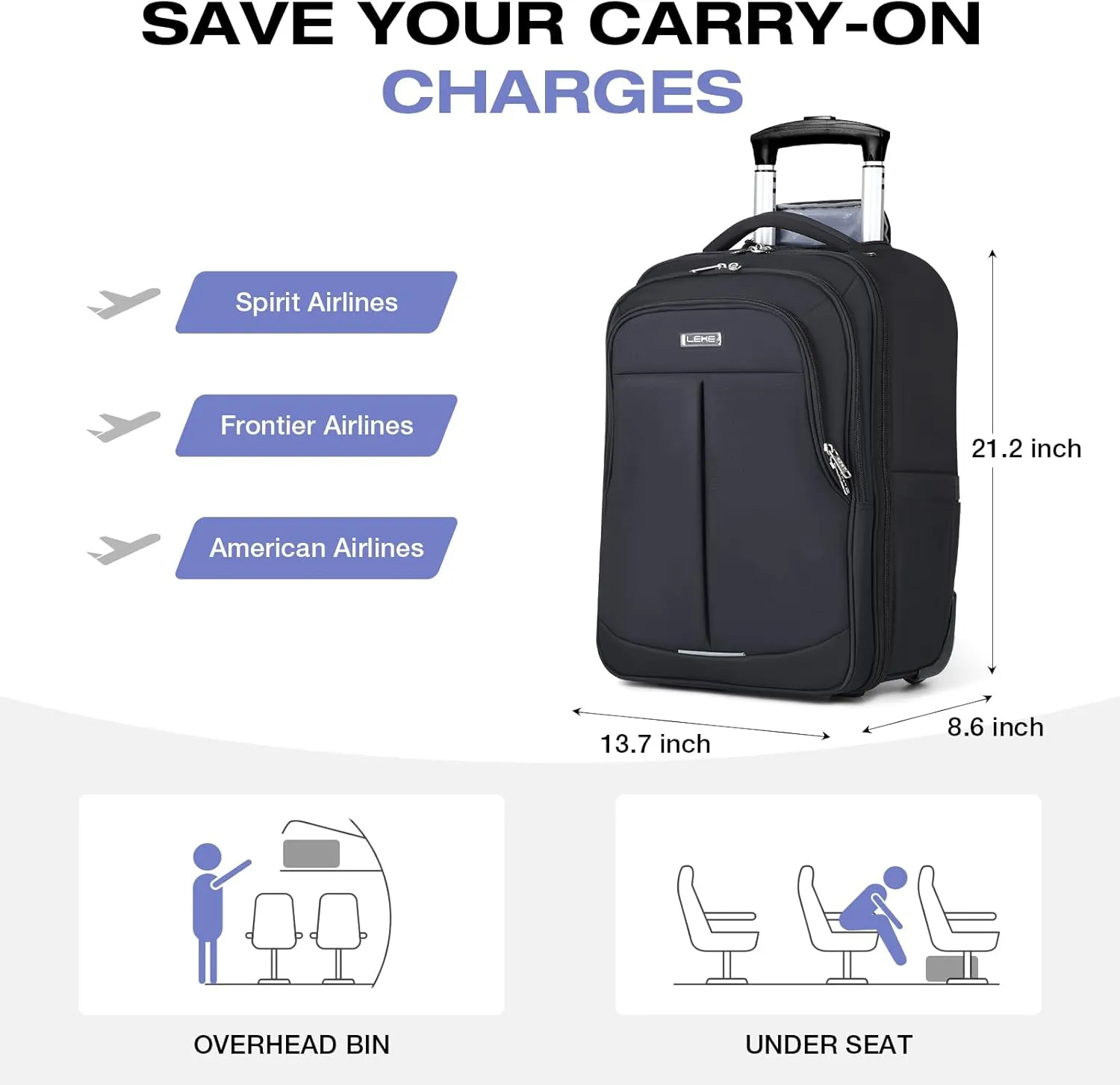 Rolling Backpack for Adults,18 Inch Waterproof Carry-on Backpack with Wheels, Wheeled Backpack Carry-on Luggage, Travel Backpack for Men Women， Trolley Laptop Backpack, Black Large