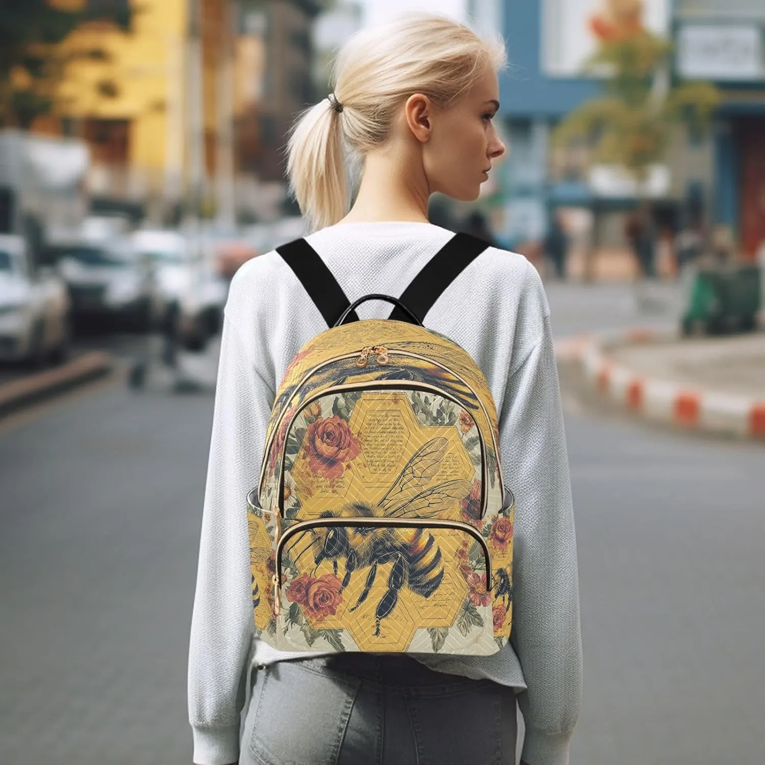 Rose Honeybee Beige Backpack Purse for Women Fashion Back Pack Shoulder Bag with Anti-theft Back for Trips M