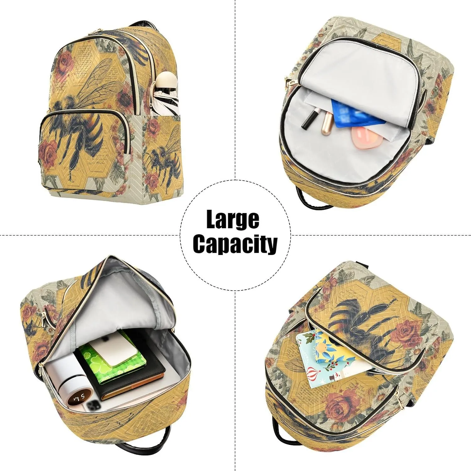 Rose Honeybee Beige Backpack Purse for Women Fashion Back Pack Shoulder Bag with Anti-theft Back for Trips M