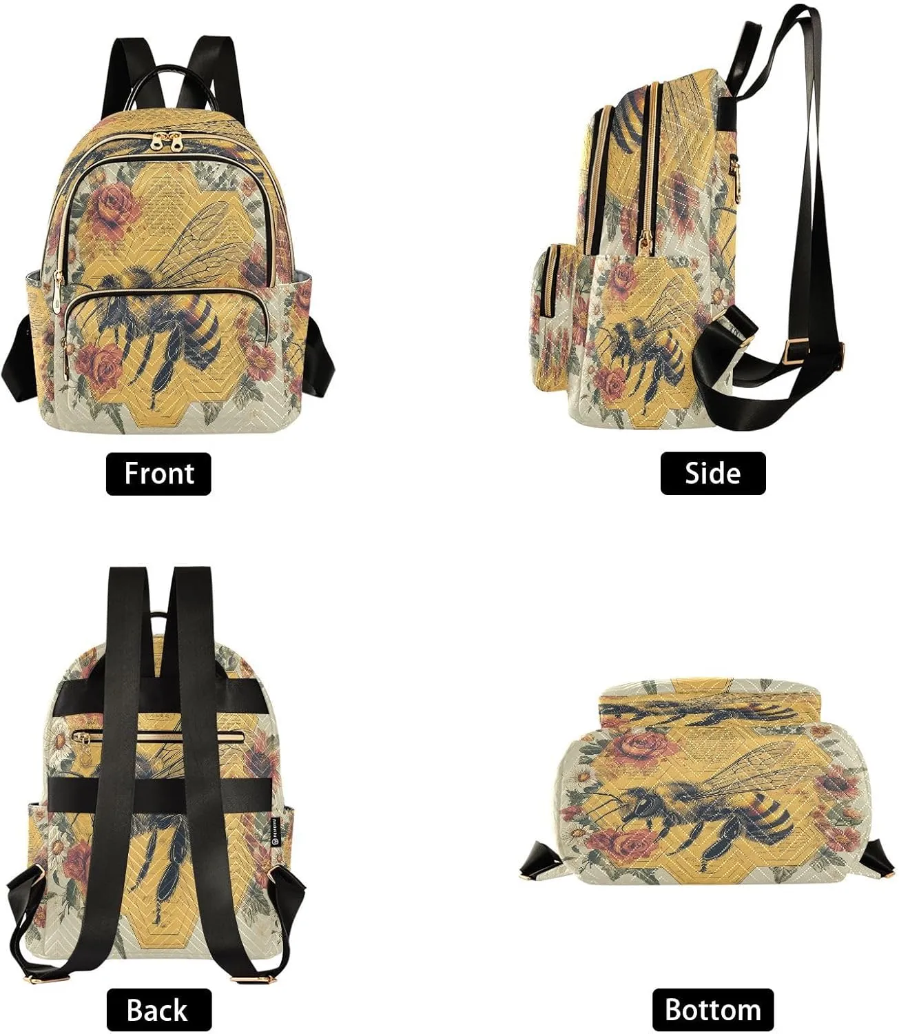 Rose Honeybee Beige Backpack Purse for Women Fashion Back Pack Shoulder Bag with Anti-theft Back for Trips M