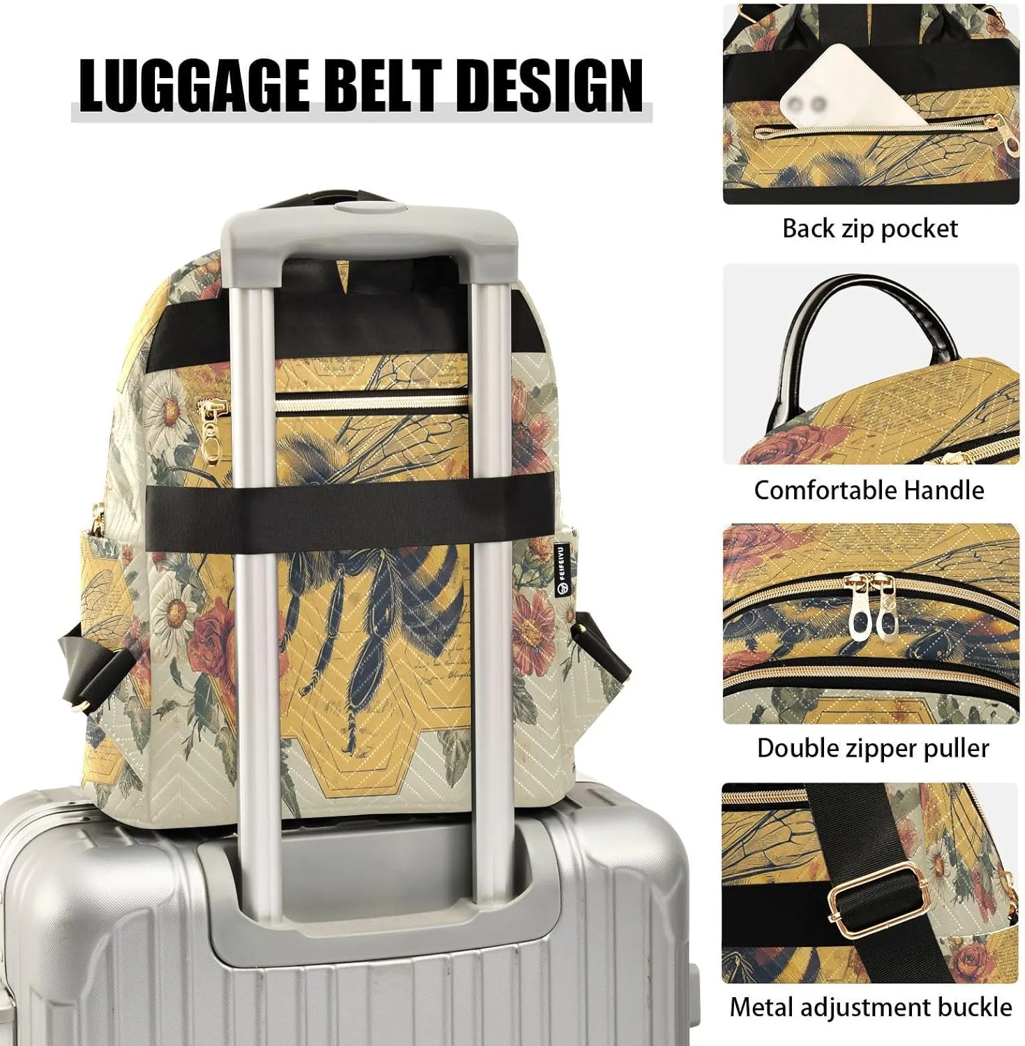 Rose Honeybee Beige Backpack Purse for Women Fashion Back Pack Shoulder Bag with Anti-theft Back for Trips M