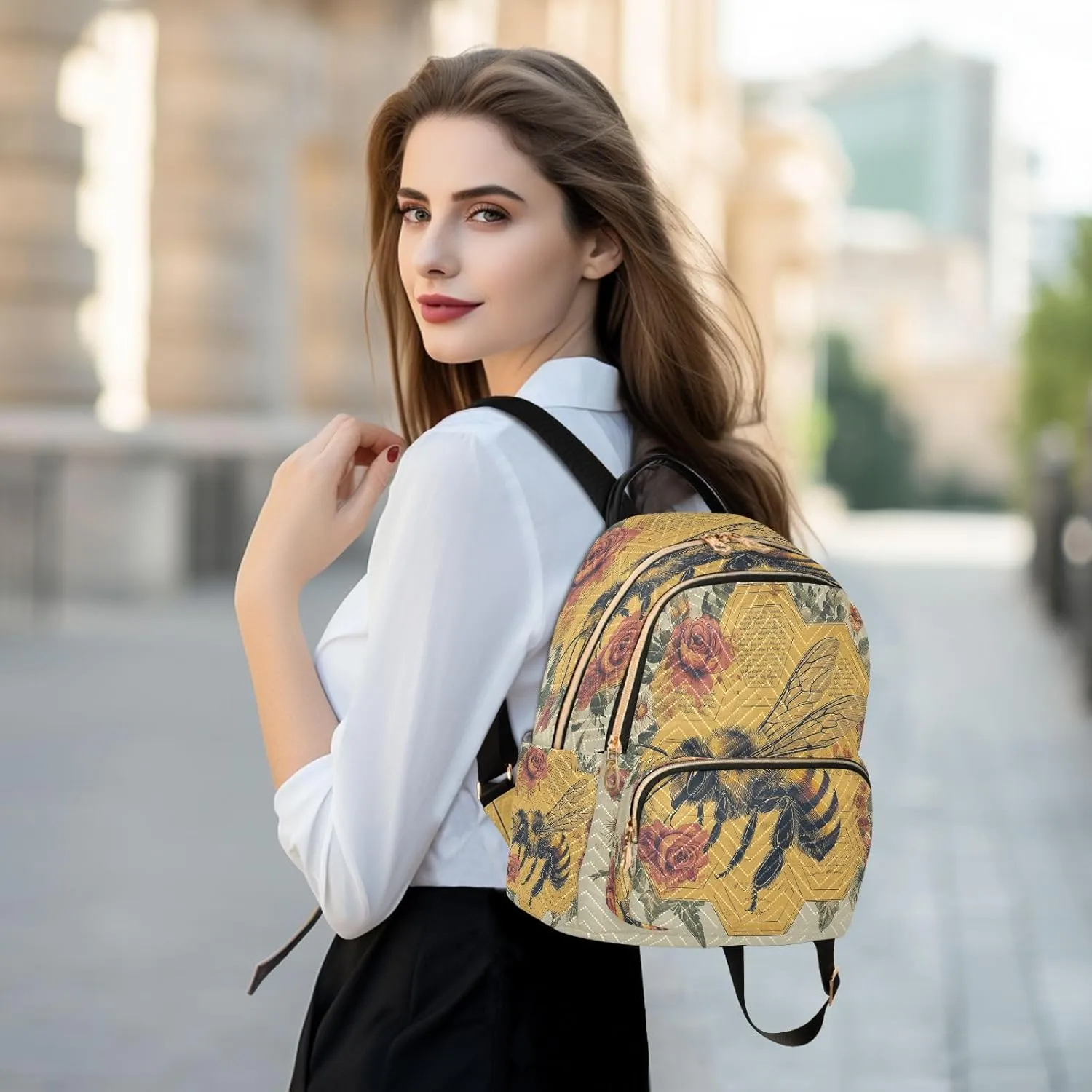 Rose Honeybee Beige Backpack Purse for Women Fashion Back Pack Shoulder Bag with Anti-theft Back for Trips M