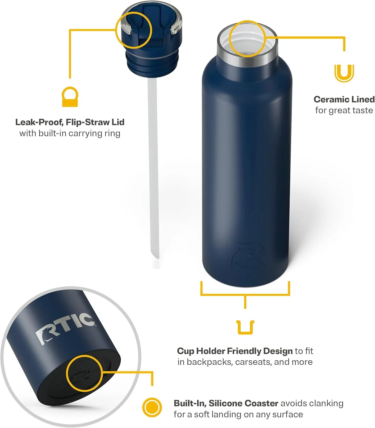 RTIC 20oz Journey Bottle Metal Stainless Steel Vacuum Insulated, BPA Free, Reusable, for Water, Hot and Cold Drinks, Travel, Sports, Camping, Navy