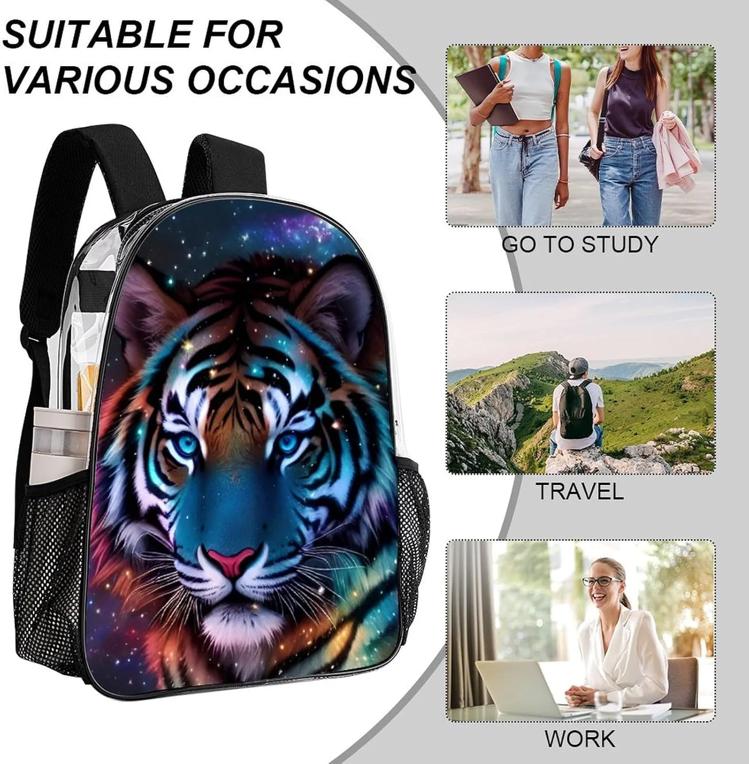 Rucksack Anti-Theft Multipurpose Big Capacity Carry On Bag - Mystic Fantasy Galaxy Sky Fantasy Wild Animals Tiger Art Traveling & Camping Backpack Transparent Bag