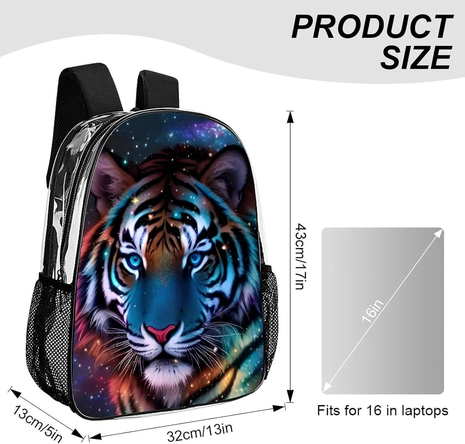 Rucksack Anti-Theft Multipurpose Big Capacity Carry On Bag - Mystic Fantasy Galaxy Sky Fantasy Wild Animals Tiger Art Traveling & Camping Backpack Transparent Bag