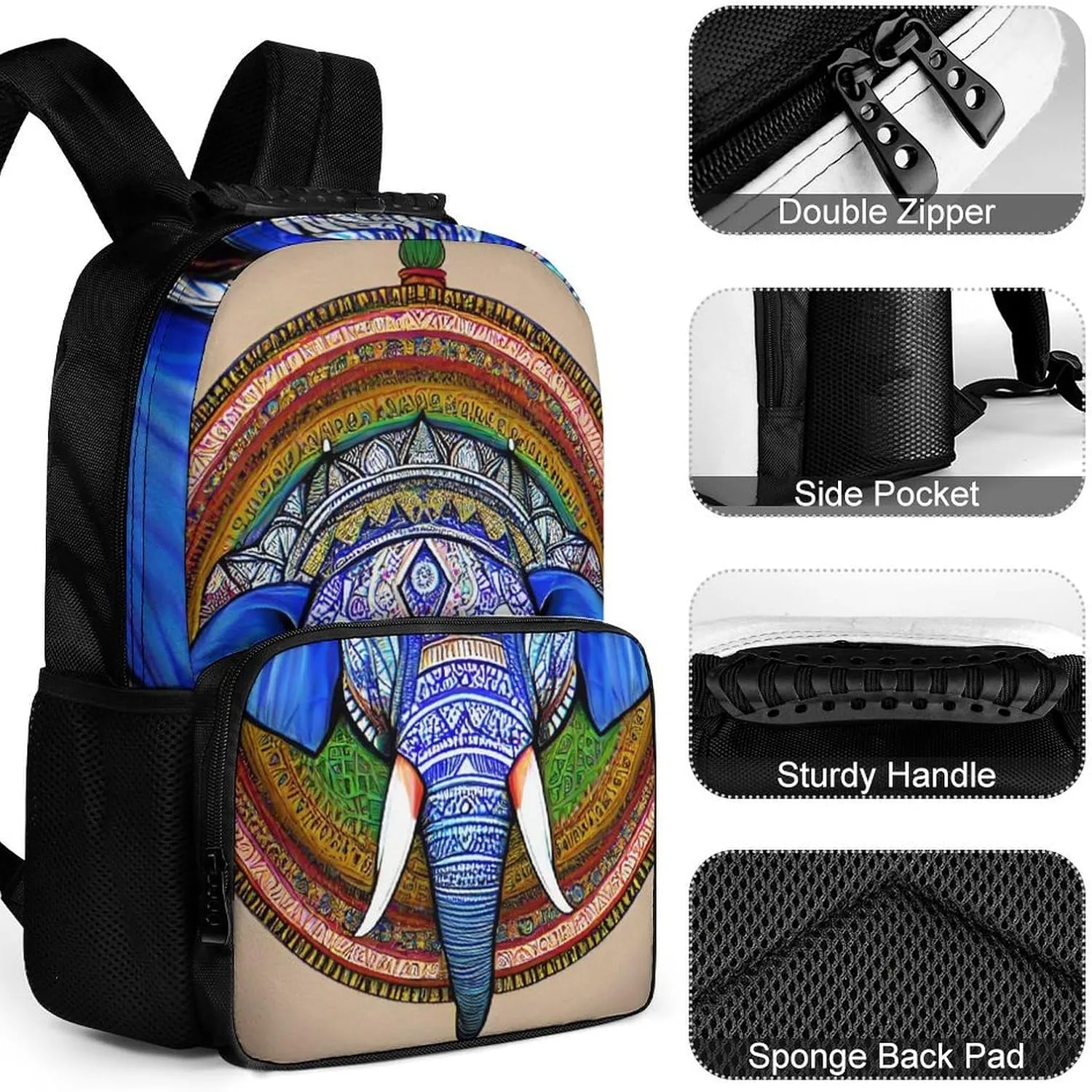 Rucksack Multipurpose Anti-Theft Big Capacity Shoulder Bag - Indian Elephant Head Mandala Art Travel Hiking & Camping Rucksack With Side Pockets