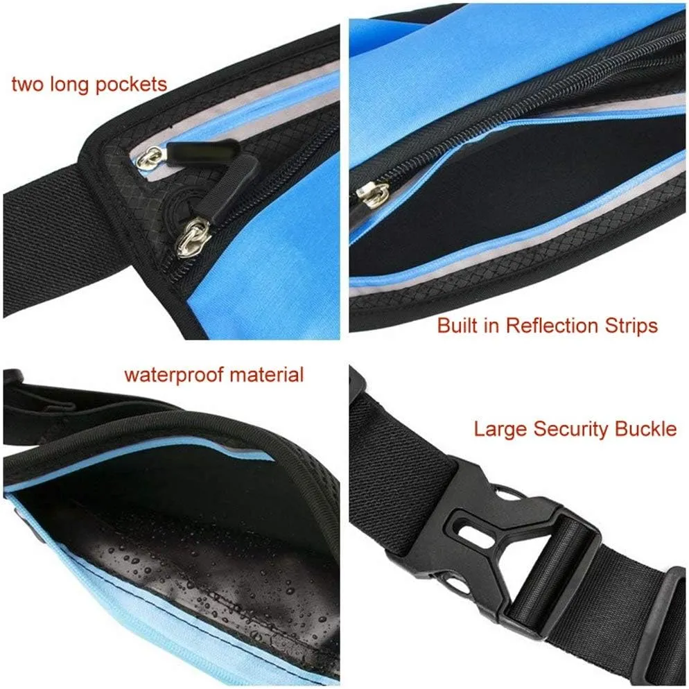 Running Belt Sport Waist Pack with Water Bottle Holder Hydration Belt Fanny Pack Reflective Stripes Cellphone Storage Earphone hole for Dog walker Hiking Travel (BLACK/BLUE)