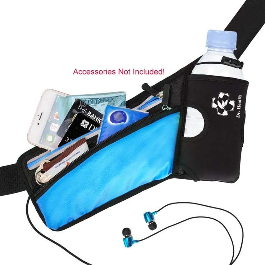 Running Belt Sport Waist Pack with Water Bottle Holder Hydration Belt Fanny Pack Reflective Stripes Cellphone Storage Earphone hole for Dog walker Hiking Travel (BLACK/BLUE)