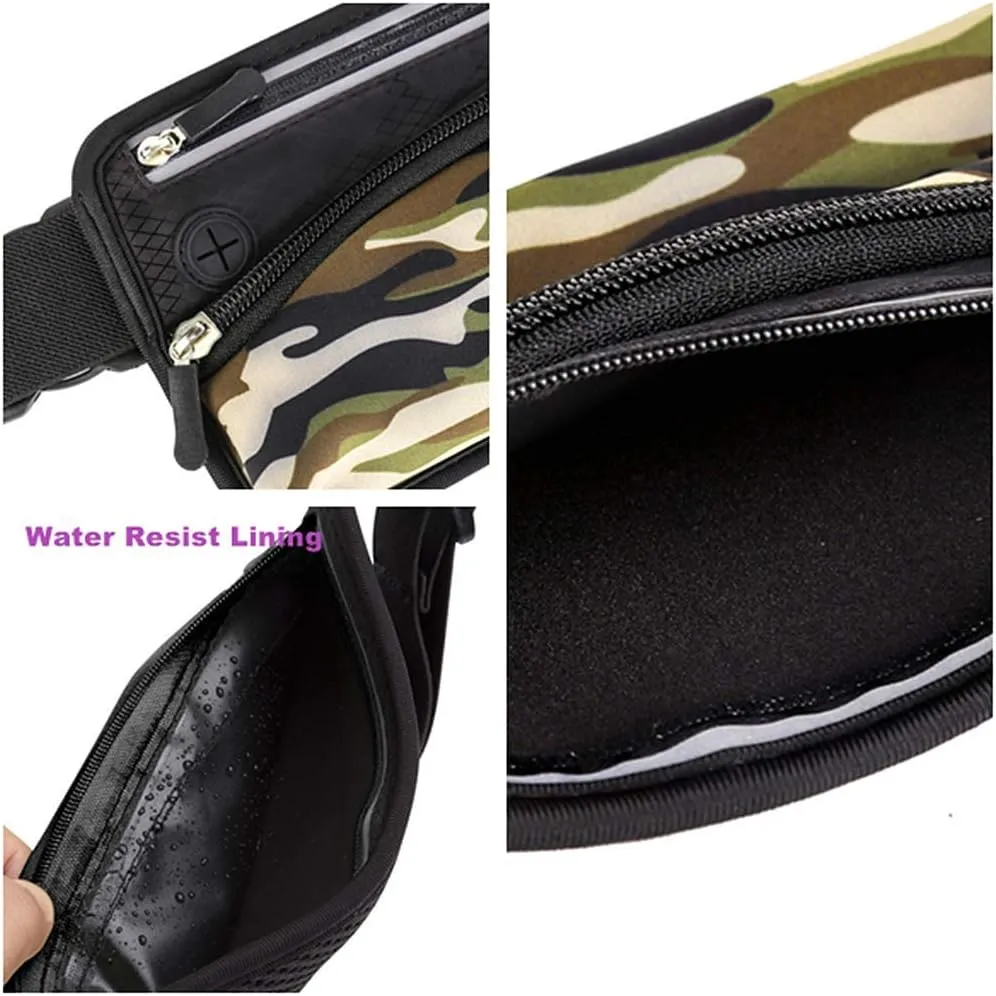 Running Belt Sport Waist Pack/Pouch w/Water Bottle Holder Hydration Fanny Pack Reflective Stripes Cellphone Storage Earphone hole for Dog walker Hiking Travel Adjustable Women/Men (Black/Camouflage)
