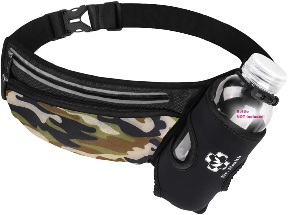 Running Belt Sport Waist Pack/Pouch w/Water Bottle Holder Hydration Fanny Pack Reflective Stripes Cellphone Storage Earphone hole for Dog walker Hiking Travel Adjustable Women/Men (Black/Camouflage)