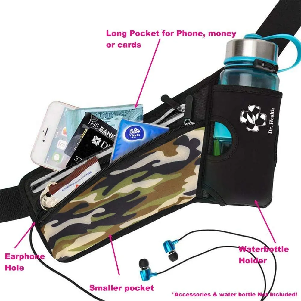 Running Belt Sport Waist Pack/Pouch w/Water Bottle Holder Hydration Fanny Pack Reflective Stripes Cellphone Storage Earphone hole for Dog walker Hiking Travel Adjustable Women/Men (Black/Camouflage)
