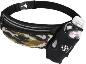 Running Belt Sport Waist Pack/Pouch w/Water Bottle Holder Hydration Fanny Pack Reflective Stripes Cellphone Storage Earphone hole for Dog walker Hiking Travel Adjustable Women/Men (Black/Camouflage)