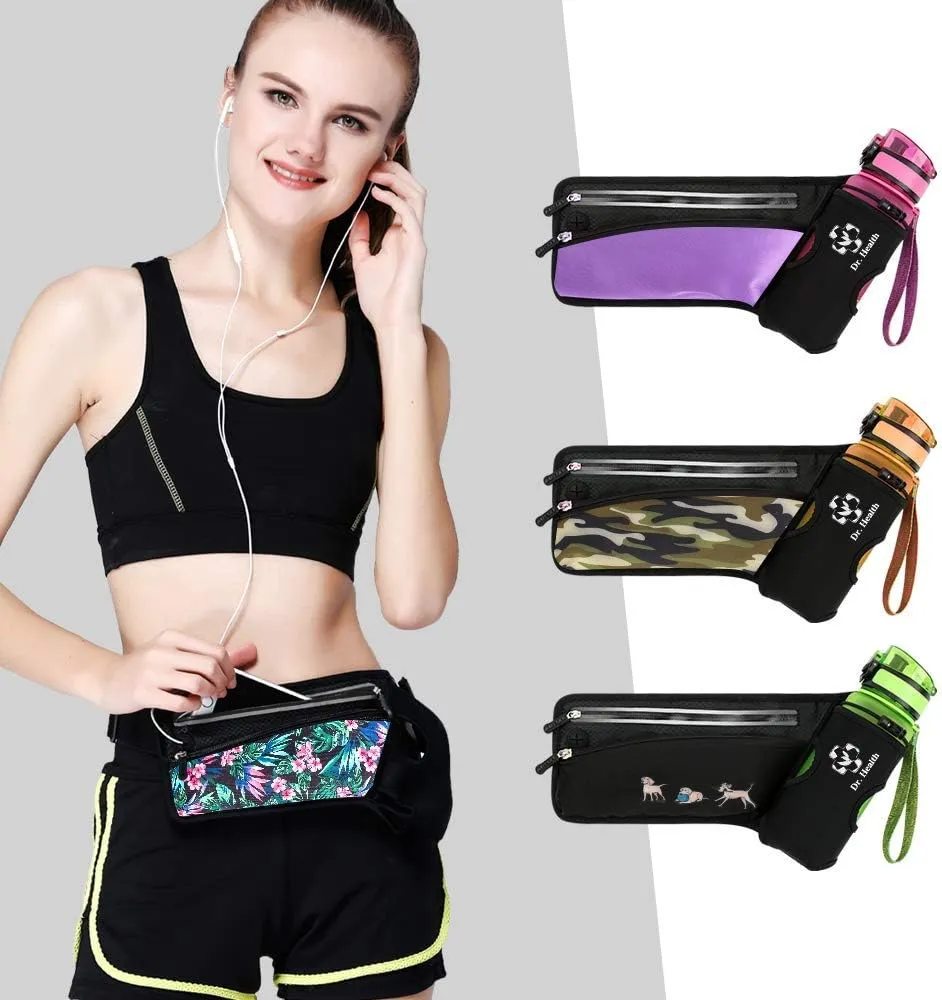 Running Belt Sport Waist Pack/Pouch w/Water Bottle Holder Hydration Fanny Pack Reflective Stripes Cellphone Storage Earphone hole for Dog walker Hiking Travel Adjustable Women/Men (Black/Camouflage)