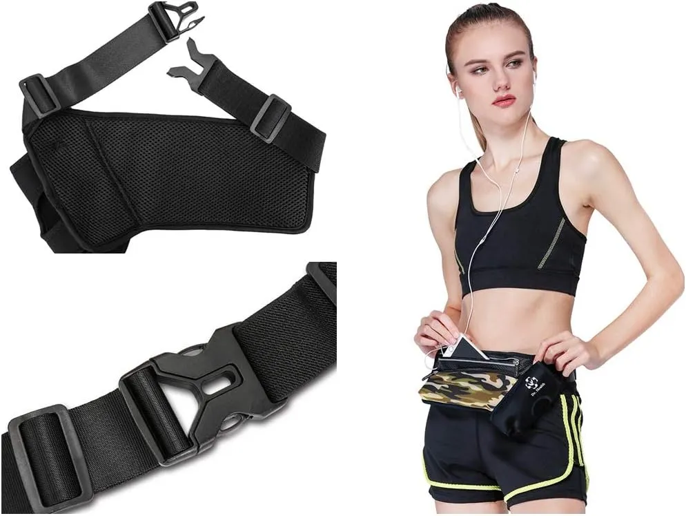 Running Belt Sport Waist Pack/Pouch w/Water Bottle Holder Hydration Fanny Pack Reflective Stripes Cellphone Storage Earphone hole for Dog walker Hiking Travel Adjustable Women/Men (Black/Camouflage)