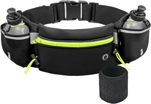 Running Belts for Women, Men with 2 Water Bottles- Phone Holder for Running, Waterproof Accessories Waist Pouch, Bounce-Free Fanny pack for Running and Workout with a Bonus Sweat Band - Black