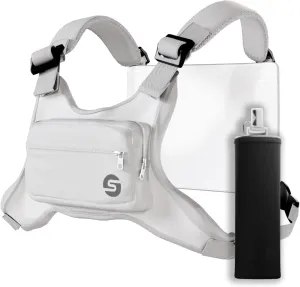 Running Chest Bag for Men Women with Collapsible Water Bottle, Water-Resistant Adjustable Chest Pack with Reflective Back for Cycling, Hiking, Workouts, with Phone Holder and Extra Storage (White)