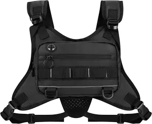 Running Vest Sports Chest Bag - Water-Resistant, Lightweight Front Running Vest with Built-In Phone Storage & Extra Compartments, Ideal for Workouts and Cycling in Black.
