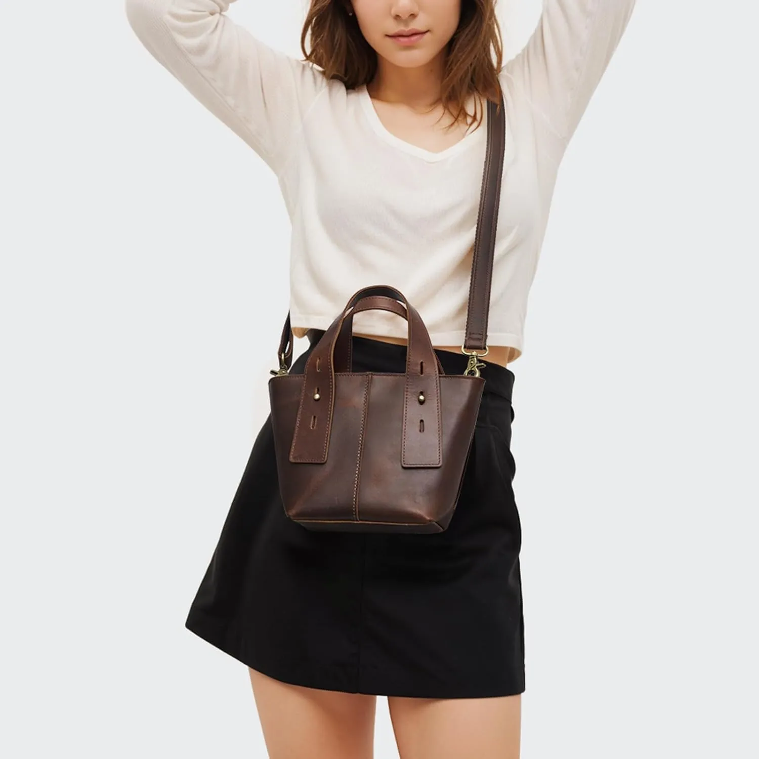 S-ZONE Leather Crossbody Bags for Women Mini Tote Purses Small Satchel Top-Handle Handbags with Adjustable Strap