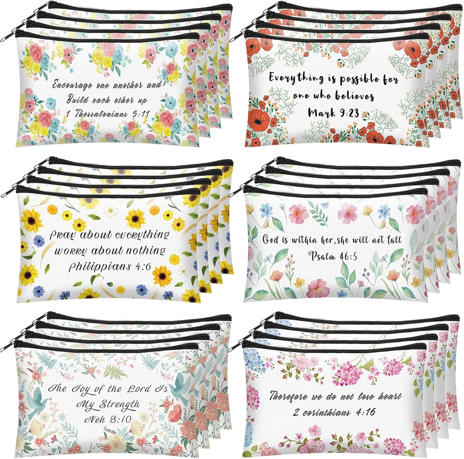 Sabary 24 Pcs Bible Verse Pencil Bags Pouch Christian Inspirational Pencil Case Scripture Pen Pouch Bible Pen Storage Zipper Bags Makeup Bags for Women Student Kid School Study Supply (8.7 x 5.5 Inch)
