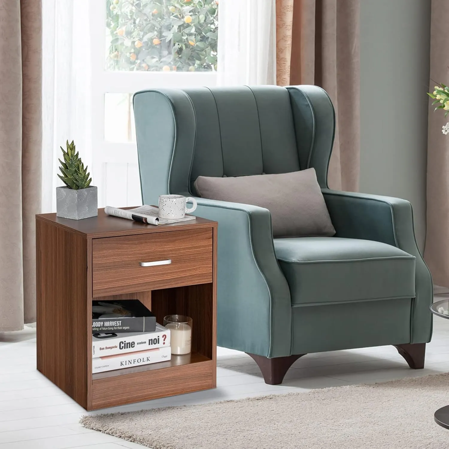 Safeplus nightstand with Drawer and Shelves,Wood End Table Side Cabinet for Bedroom