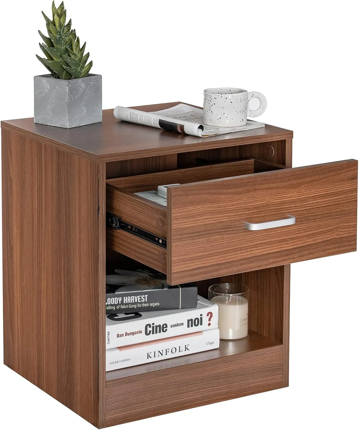 Safeplus nightstand with Drawer and Shelves,Wood End Table Side Cabinet for Bedroom