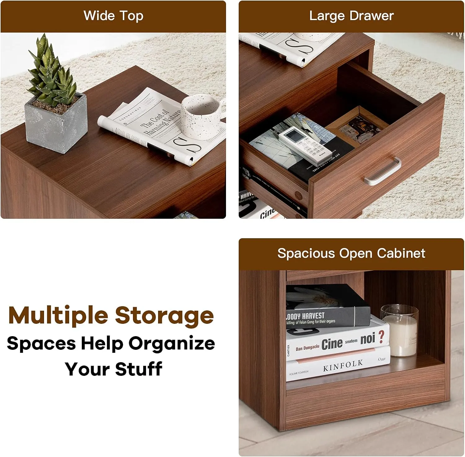 Safeplus nightstand with Drawer and Shelves,Wood End Table Side Cabinet for Bedroom