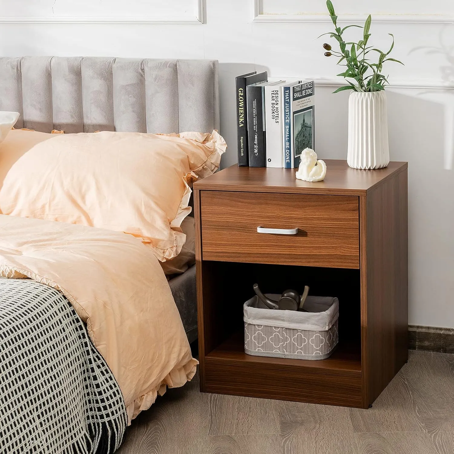 Safeplus nightstand with Drawer and Shelves,Wood End Table Side Cabinet for Bedroom