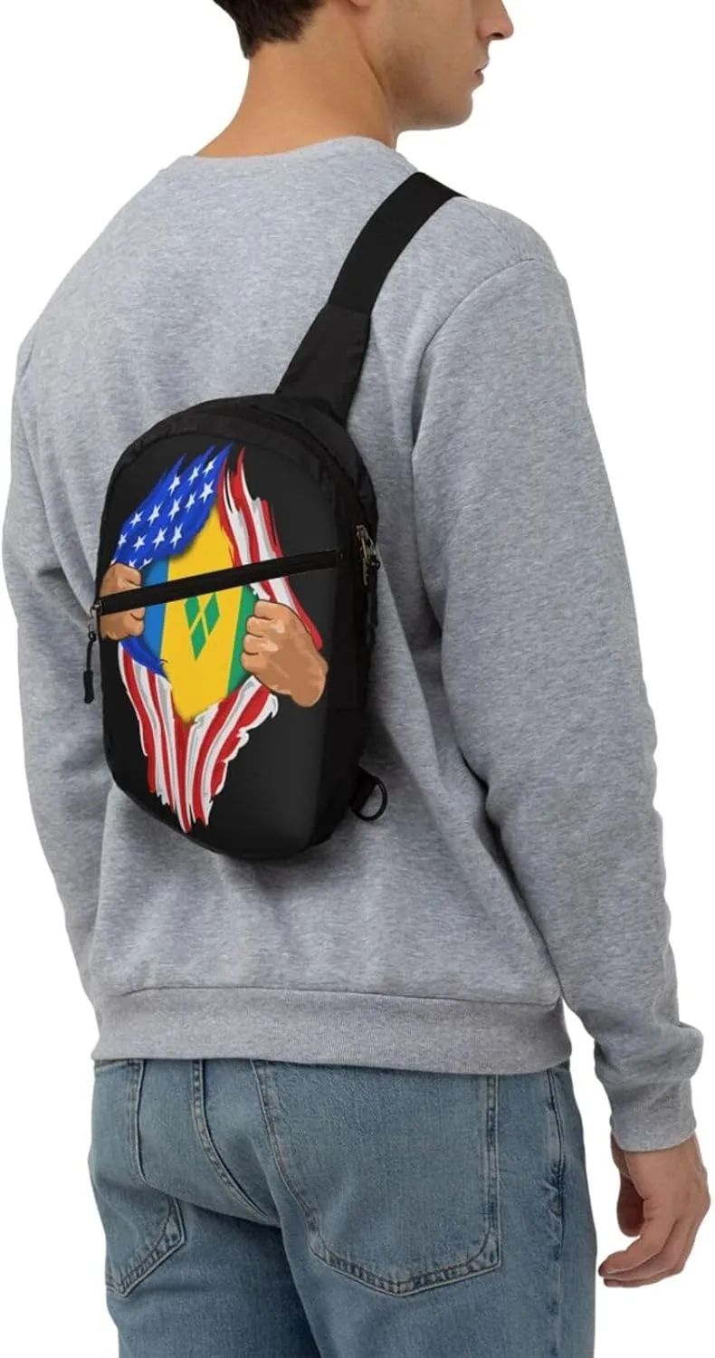Saint Vincent Grenadines American Flag Crossbody Bag Portable Sling Bags Foldable Chest Daypack Reusable Sports Shoulder Backpack Diagonally Casual Rucksack Travel Bag