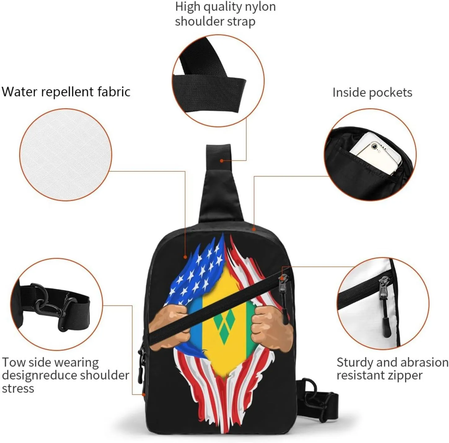 Saint Vincent Grenadines American Flag Crossbody Bag Portable Sling Bags Foldable Chest Daypack Reusable Sports Shoulder Backpack Diagonally Casual Rucksack Travel Bag