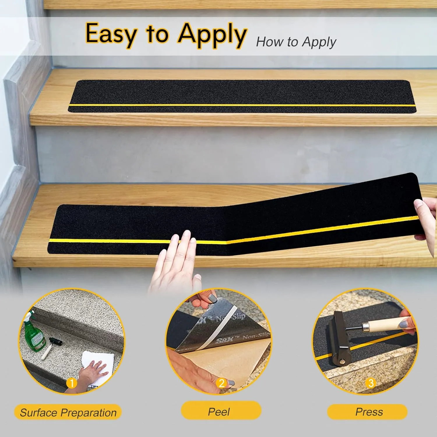 S&X Outdoor Stair Treads Non-Slip Safety Tape, 6” x 24”, 5-Pack, Pre-Cut Anti Slip Tape with Reflective Stripe, Heavy Duty Traction Grip Tape for Wooden Steps, Concrete Stairs, Decks