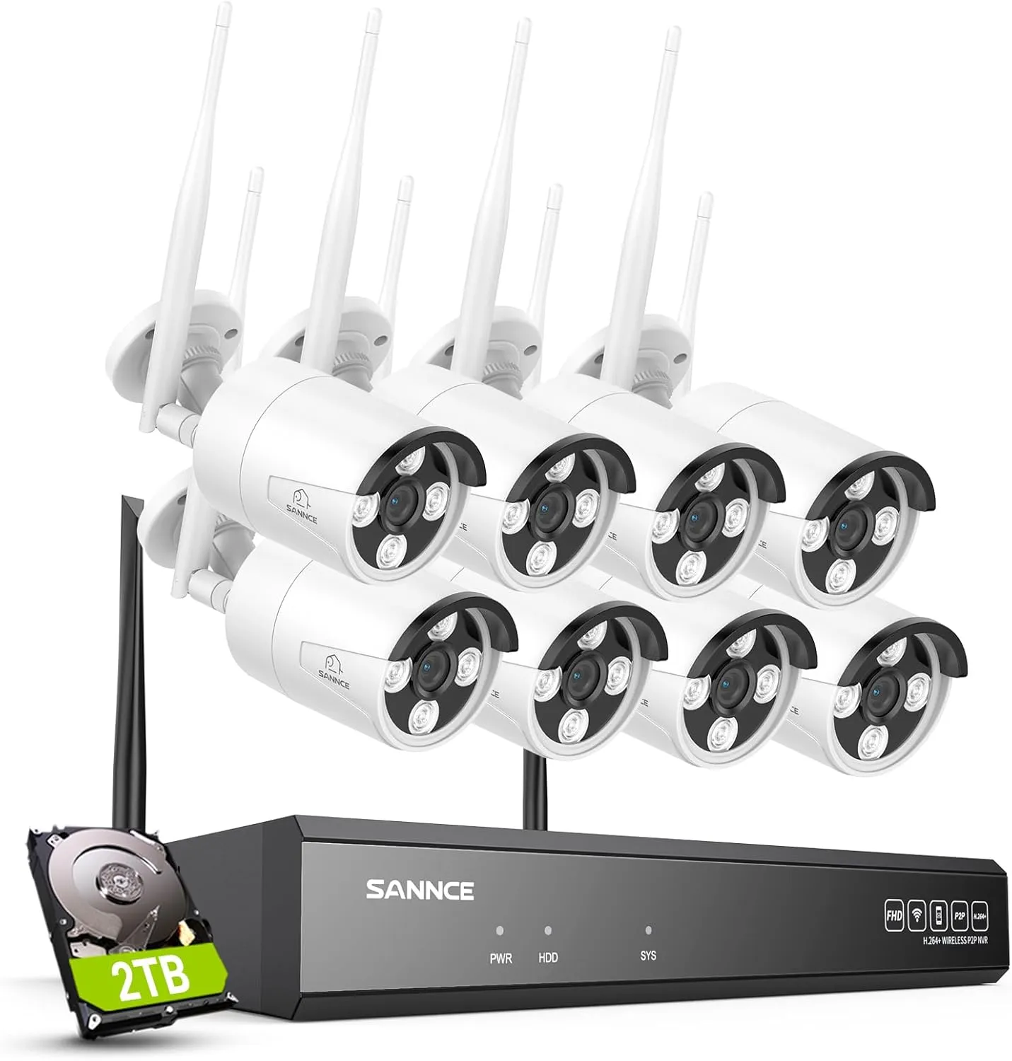 SANNCE 2K Wireless Security Camera System, 8CH 5MP NVR with 8Pcs 3MP Outdoor WiFi IP Surveillance Cameras with One-Way Audio,Night Vision, Remote Access, Motion Alerts, Compatible with Alexa, No HDD