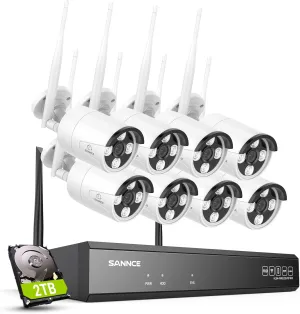 SANNCE 2K Wireless Security Camera System, 8CH 5MP NVR with 8Pcs 3MP Outdoor WiFi IP Surveillance Cameras with One-Way Audio,Night Vision, Remote Access, Motion Alerts, Compatible with Alexa, No HDD